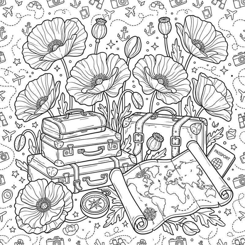 Prepare for a delightful coloring adventure where the delicate beauty of Iceland poppies meets the excitement of vacation travel. This unique design features iconic travel elements intertwined with beautiful floral arrangements, perfect for inspiring your next journey.
