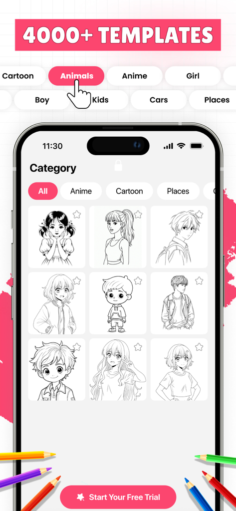 AR Sketch - AR Drawing - Mobile App-Oberfläche von AR Sketch, die eine Sammlung von Vorlagen zum Zeichnen von Anime und Cartoons anzeigt.