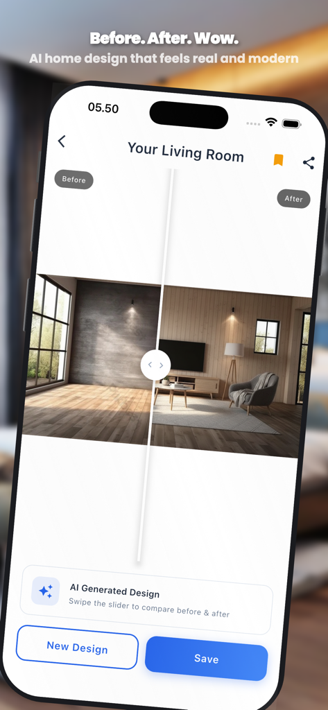 Before and after comparison of an AI generated living room design