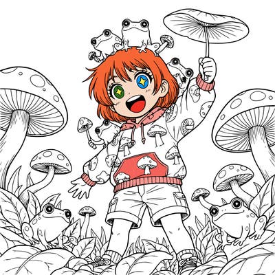 a girl with short hair and mushrooms and frogs lea