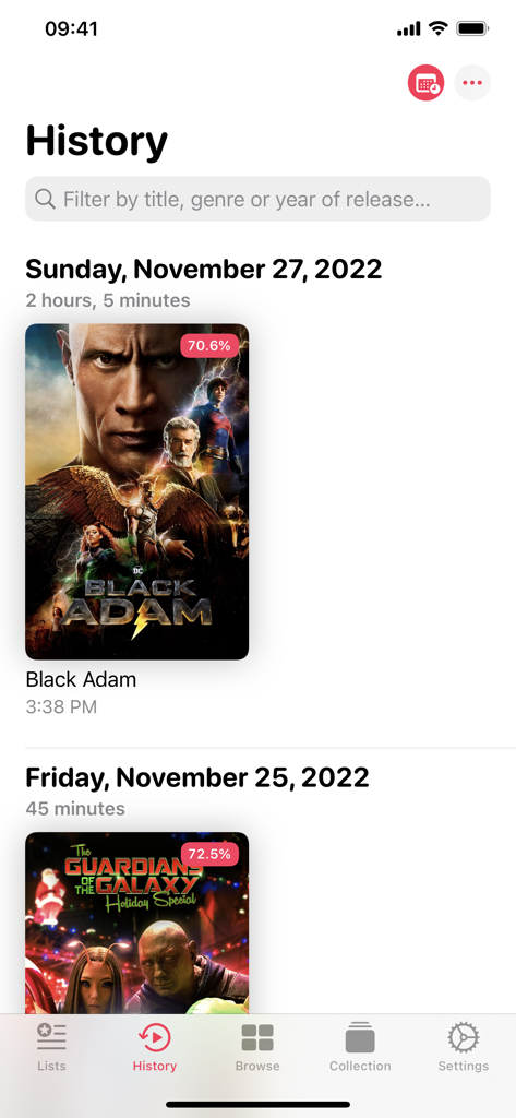 Popcorn Movies - Interfaz de la aplicación Popcorn Movies mostrando una lista cronológica de películas vistas en la sección de historial.