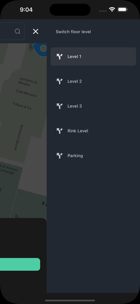 Map-in - Map-in indoor navigation app showing options to switch floor levels in a large building