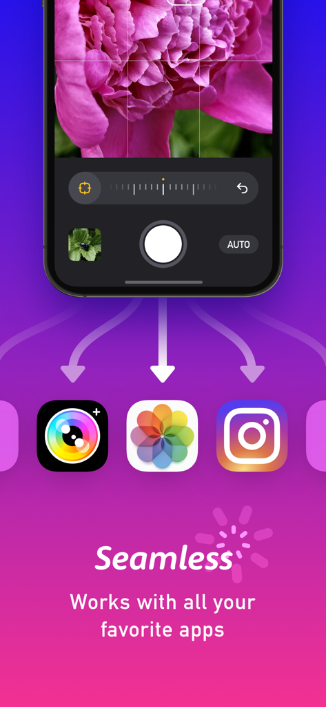 Screenshot of Macro by Camera plus app showing a close-up flower photo and its integration with Photos and Instagram