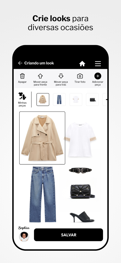 Resolva - Guarda Roupa Virtual - Uma interface de aplicativo móvel para criar e organizar looks em um guarda-roupa virtual