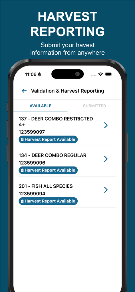 Michigan DNR Hunt Fish - A mobile screen from the Michigan DNR Hunt Fish app showing a list of available hunting and fishing harvest reports