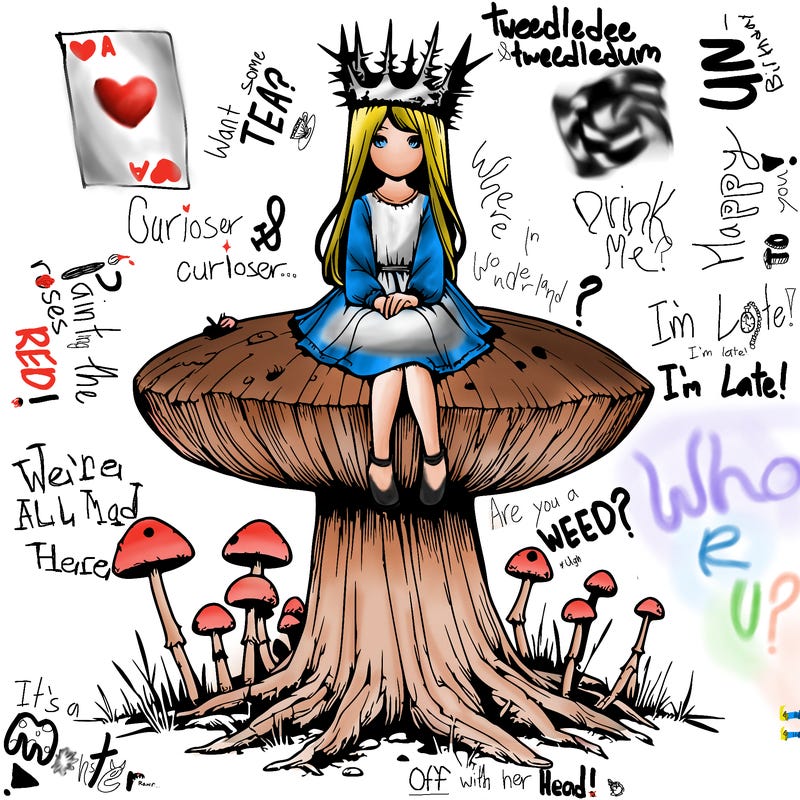 realistic girl sitting on a huge tree stump size toadstool with thorn crown