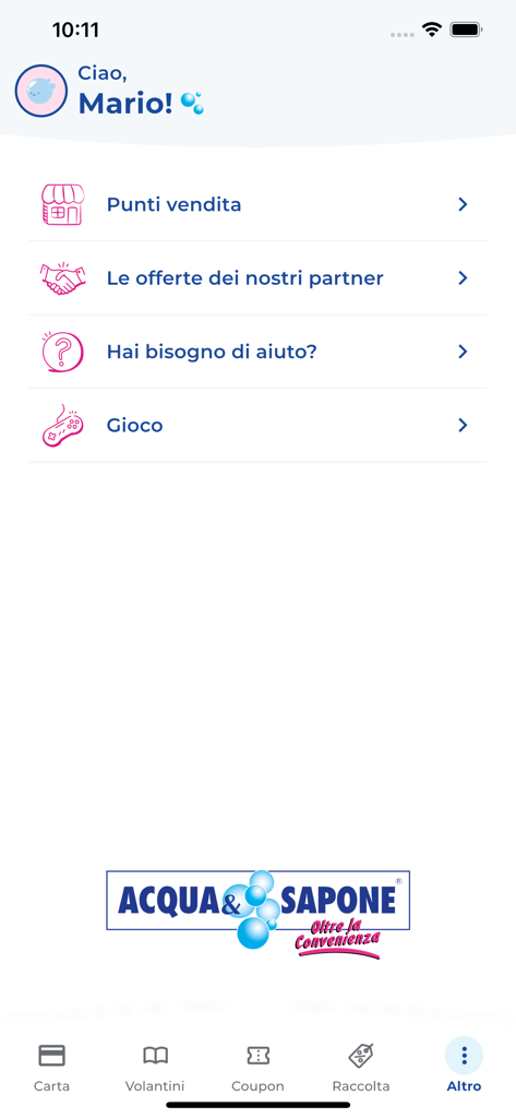 Bildschirm der Acqua and Sapone App mit dem Menü Weitere Optionen, Filialfinder und Partnerangebote