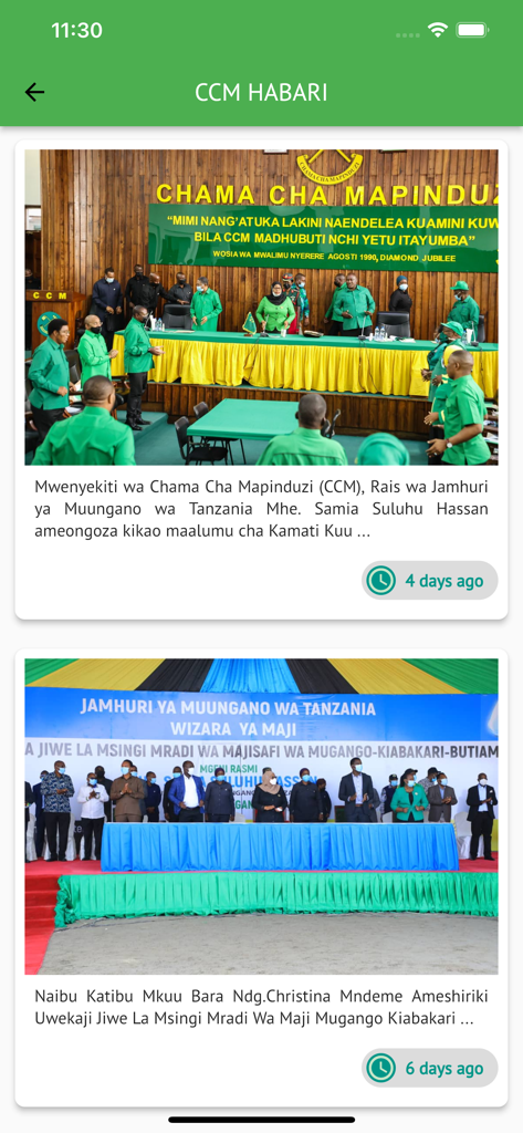 CCM_App - News feed in the CCM App titled CCM HABARI showing political news updates and photos of party events.