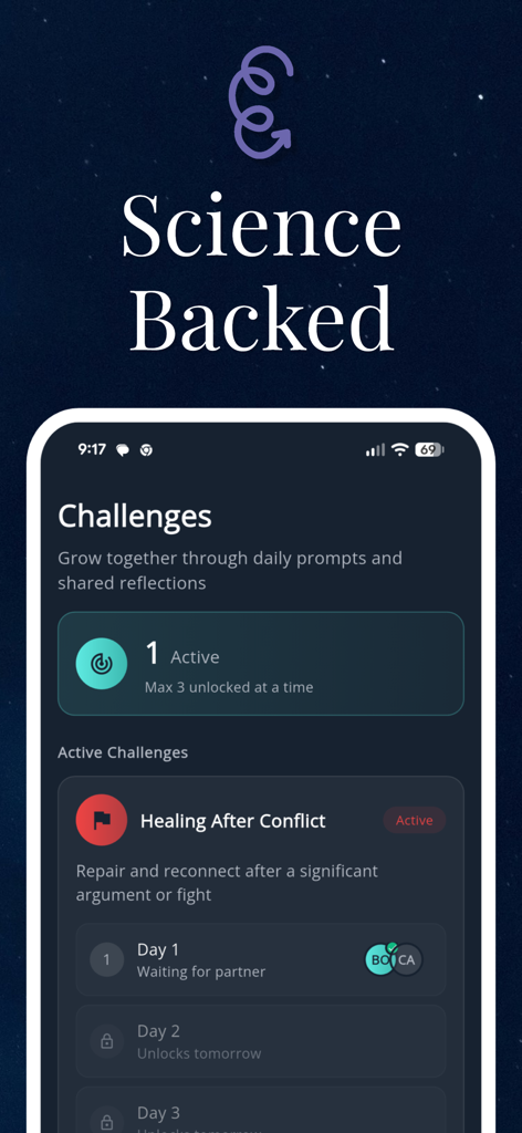 Couples Relationship AI App - Interfaz de la Aplicación de IA para Relaciones de Pareja que muestra un desafío científico de curación después de un conflicto con indicaciones diarias para los compañeros.