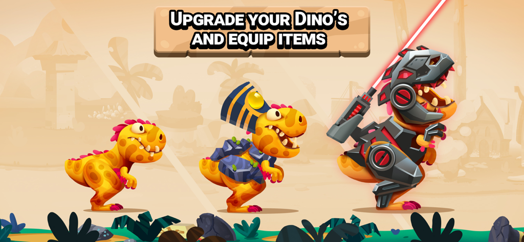 Dino Bash: Travel Through Time - Three dinosaurs showing upgrade progression from basic to Egyptian and futuristic armor