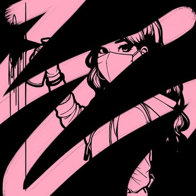 realistic girl with mask spray painting a wall