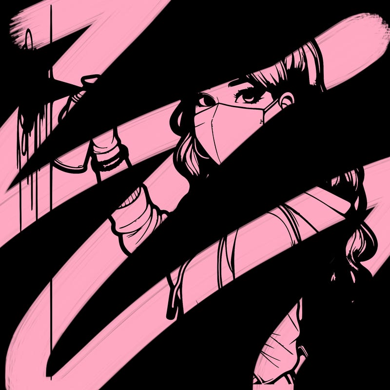 realistic girl with mask spray painting a wall