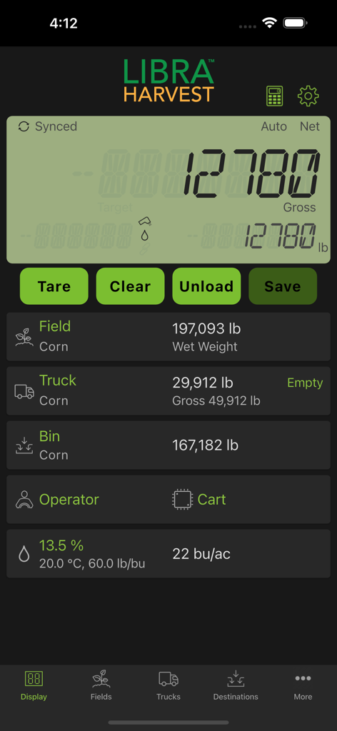 Libra Harvest app dashboard displaying real time grain weight and harvest logistics