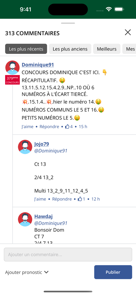 Utilisateurs partageant des pronostics de paris hippiques dans la section commentaires de l'application TURF FR