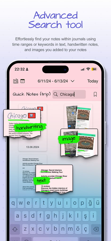 Penjo: Pencil Journal, Planner - Interface de l'application Penjo montrant les résultats de recherche avancée pour le mot-clé Chicago dans des notes manuscrites, des images et du texte.