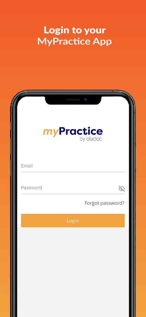 MyPractice by oladoc - Tela de login do aplicativo móvel MyPractice by oladoc para profissionais médicos