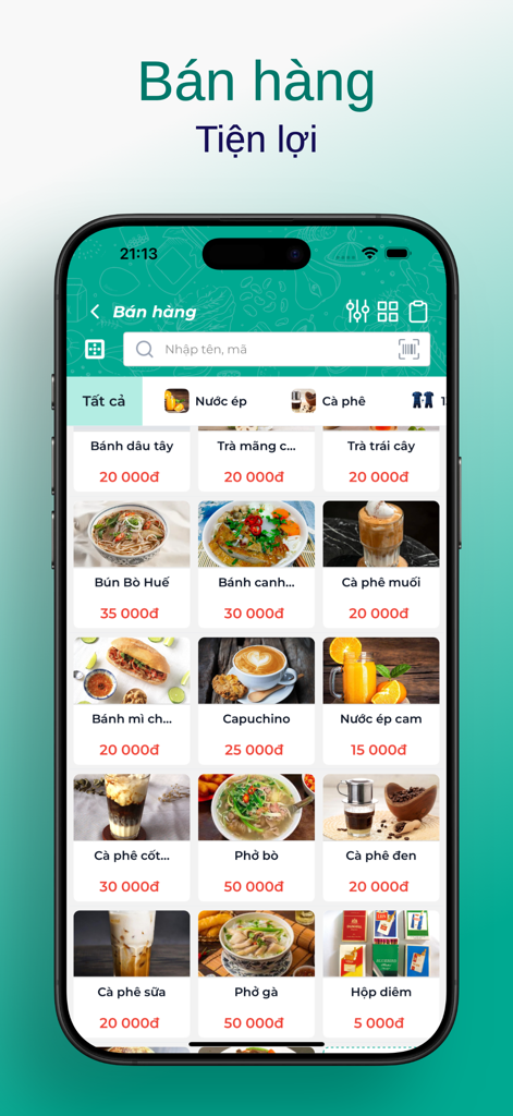ShopNet - ShopNet mobile app interface showing a visual product menu for a Vietnamese food and beverage business