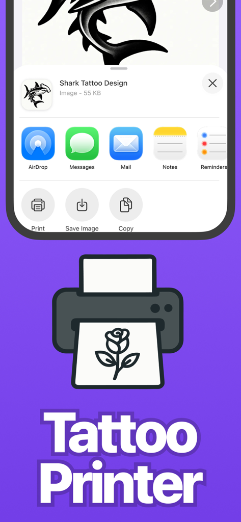 AI Tattoo Generator: Flashes - A mobile app interface showing options to print and share custom tattoo designs for stencils