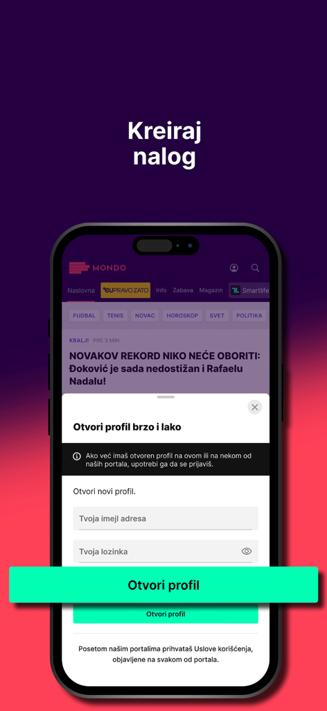 Mondo - Mondo Serbian news app registration interface showing the create account form over a news article