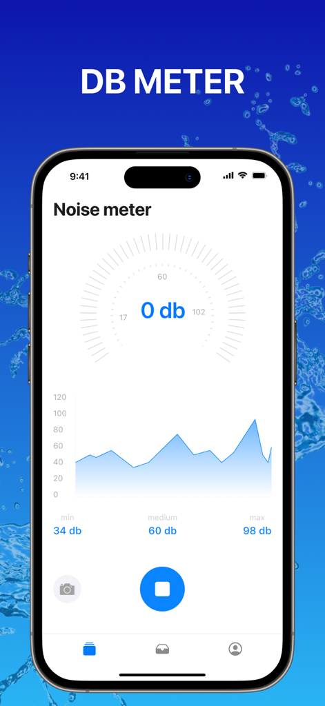 Clear Wave ° Water Eject - Clear Wave app interface showing the noise meter feature with a decibel dial and sound frequency graph