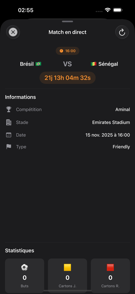 Schermata dell'app Actu Senegal che mostra i dettagli della partita in diretta di un'amichevole tra Brasile e Senegal