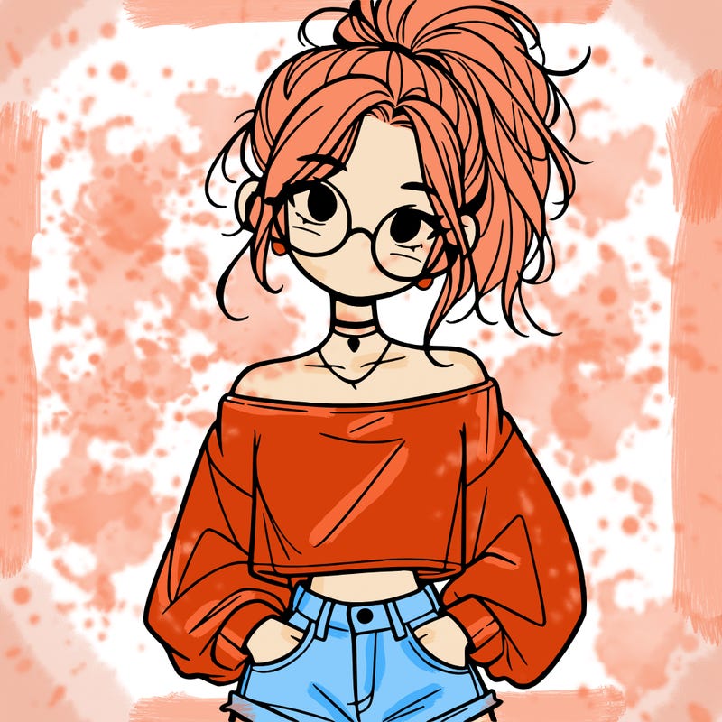 girl with a messy ponytail glasses a baggy crop top and jean shorts