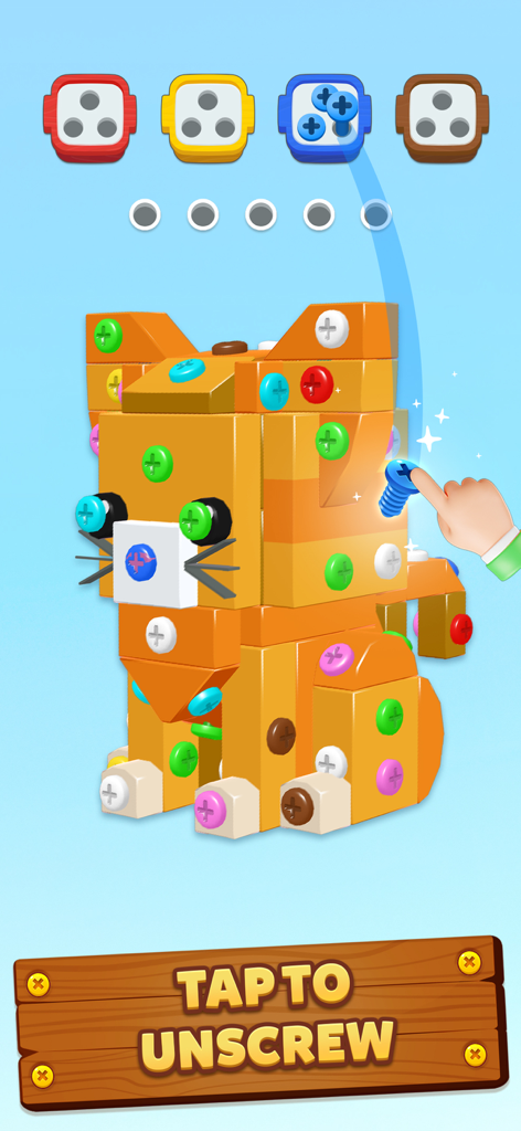 Una mano che svita un bullone blu da un modello 3D di gatto nel gioco puzzle Screwdom.