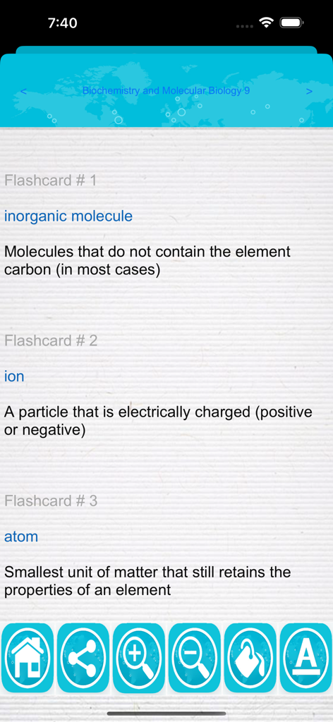 Educational app screen showing science flashcards for inorganic molecule ion and atom