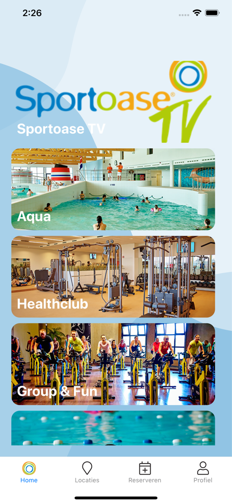 Sportoase - Pantalla de inicio de la aplicación móvil Sportoase con accesos directos a la piscina, el gimnasio y las clases de fitness grupales