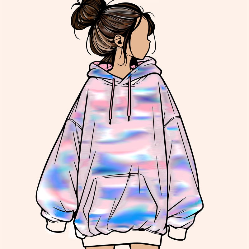 realistic girl with a oversized sweatshirt on and a bun