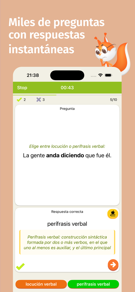 Ortografía Española - Pantalla de prueba de la aplicación de ortografía española que muestra una pregunta de gramática sobre perífrasis verbales con una explicación instantánea.