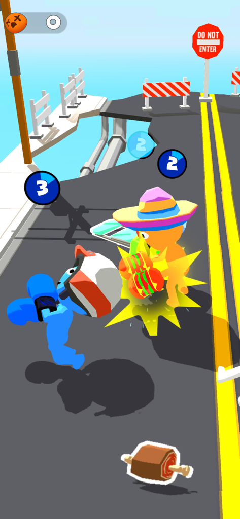 Stickman Boxing Battle 3D - 面白い帽子をかぶった2人のスティックマンキャラクターが、3Dバトルアリーナの壊れた高速道路で戦っている。