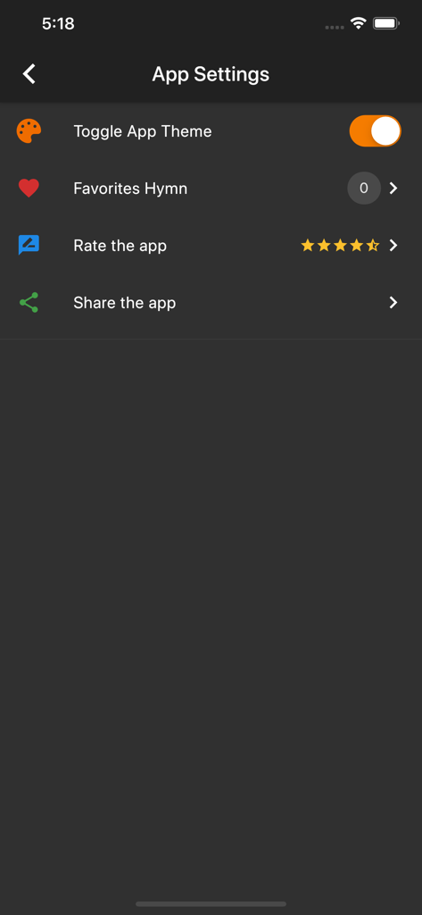 Menu delle impostazioni dell'app Inno Samoano con un interruttore del tema e un elenco dei preferiti.