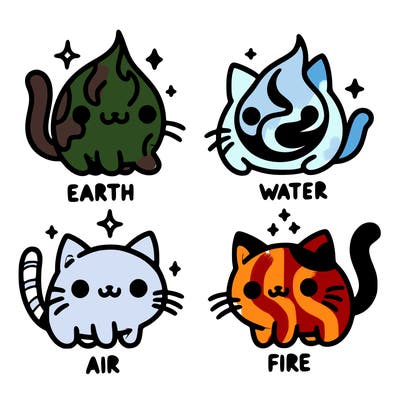 4 cats that represent the different elements, earth, water, air, and fire