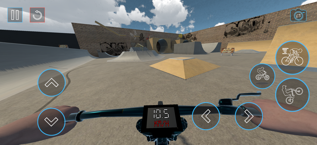 Bicycle Extreme Rider 3D - First person view of a bicycle in an urban skatepark with ramps and graffiti