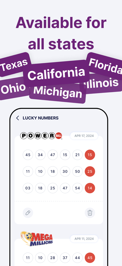 Lotterielos-Scanner-App-Oberfläche mit Powerball- und Mega Millions-Glückszahlen und Verfügbarkeit in mehreren Staaten