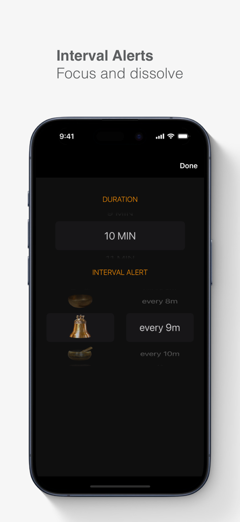 Interface of Meditate mindfulness app showing interval alert settings and meditation timer on an iPhone.