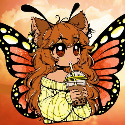 a realistic butterfly/furry girl drinking boba