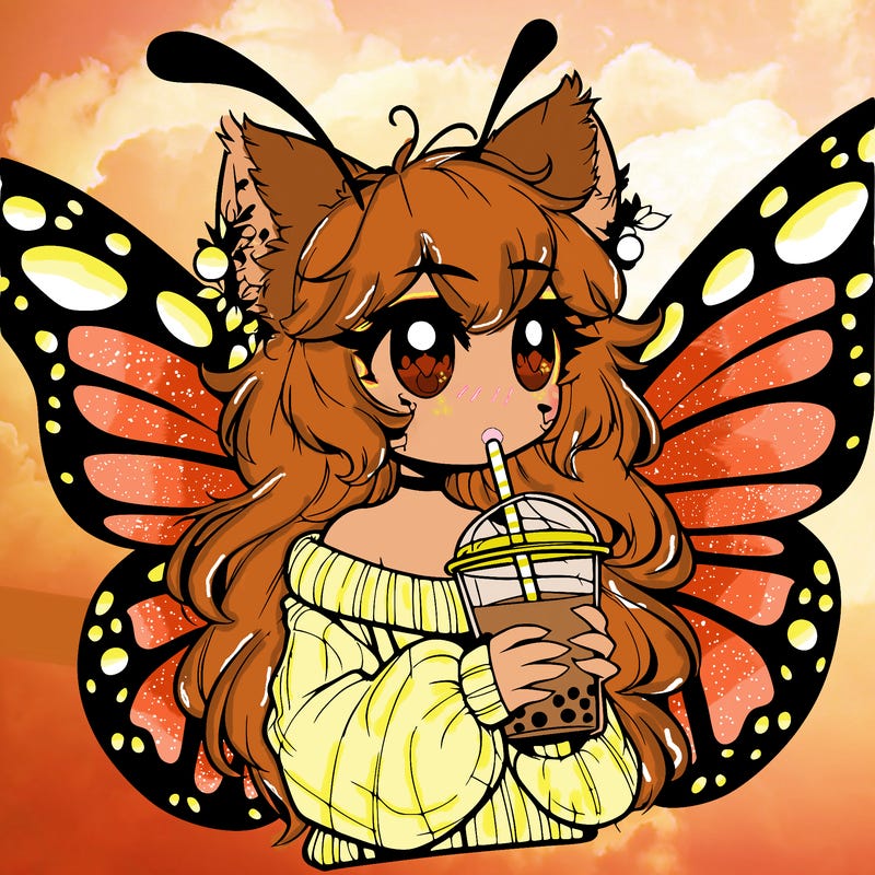 a realistic butterfly/furry girl drinking boba
