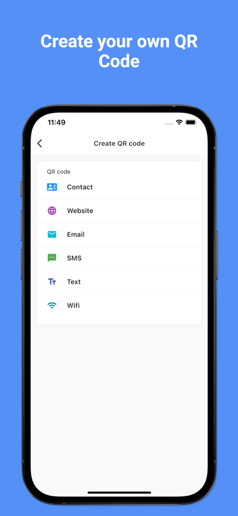Pantalla para crear códigos QR personalizados para contactos, sitios web y wifi en la aplicación Italian Translator Pro