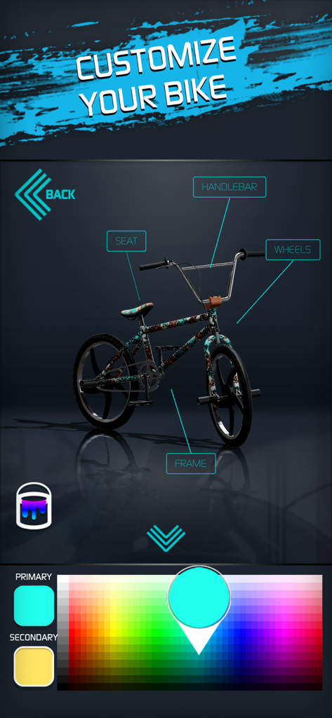 Uma tela de personalização de bicicleta no Touchgrind BMX 2 mostrando peças ajustáveis como o quadro e as rodas com uma paleta de seleção de cores.