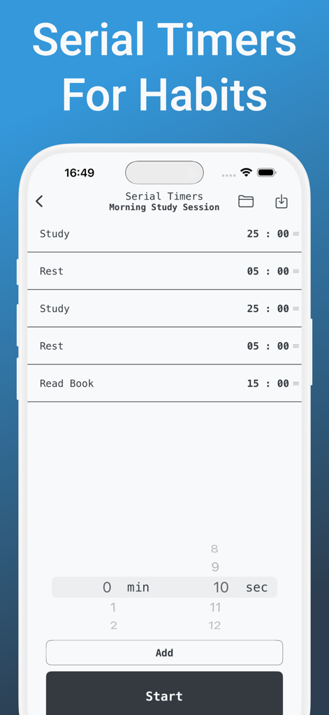 Countdown Timer Aqua Hourglass - Countdown Timer app interface showing a serial timer list for a morning study routine with study and rest intervals.