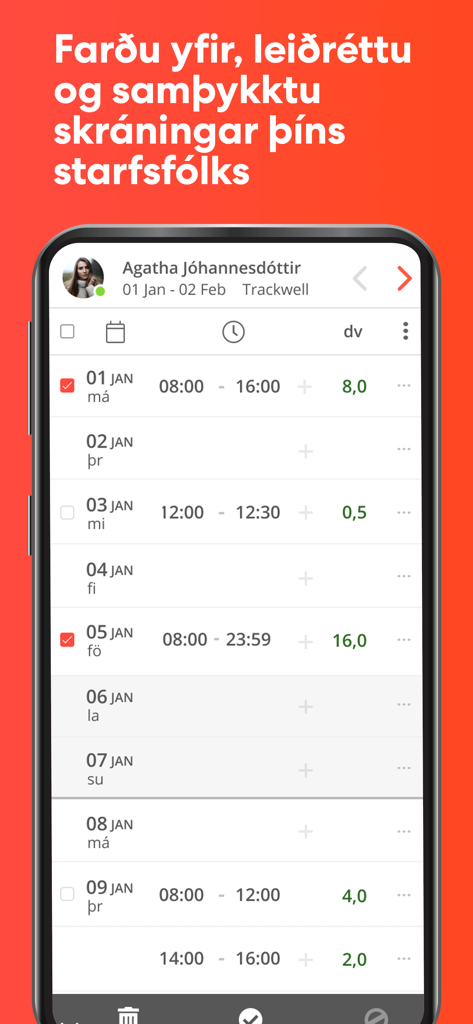Tímon - Interfaccia dell'app mobile che mostra un manager mentre rivede e approva le ore di lavoro dei dipendenti su un foglio presenze digitale.