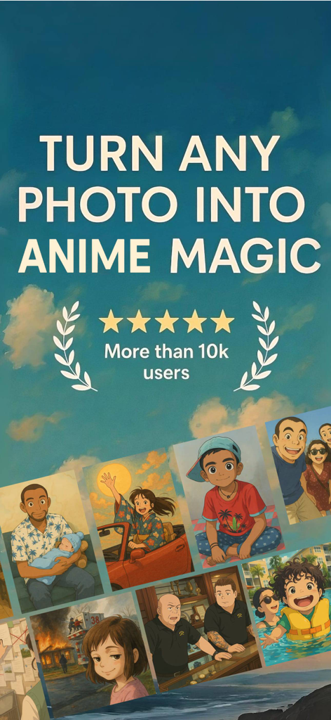 Cartoon Anime Maker: Toony - A promotional screen for the Toony app showing multiple photos transformed into a 90s anime art style with a five star rating and text saying turn any photo into anime magic