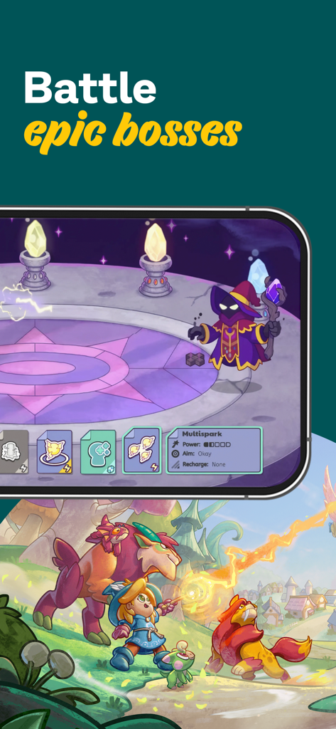 Prodigy Math Gameのターン制バトルでボスと戦う魔法使いキャラクター。