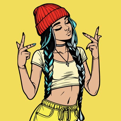 realistic teenage girl with braids and a beanie and crop top doing 🫶🏼