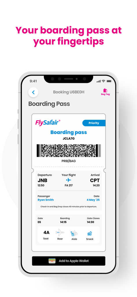 FlySafair - FlySafair app mobile boarding pass displaying flight details and Apple Wallet integration
