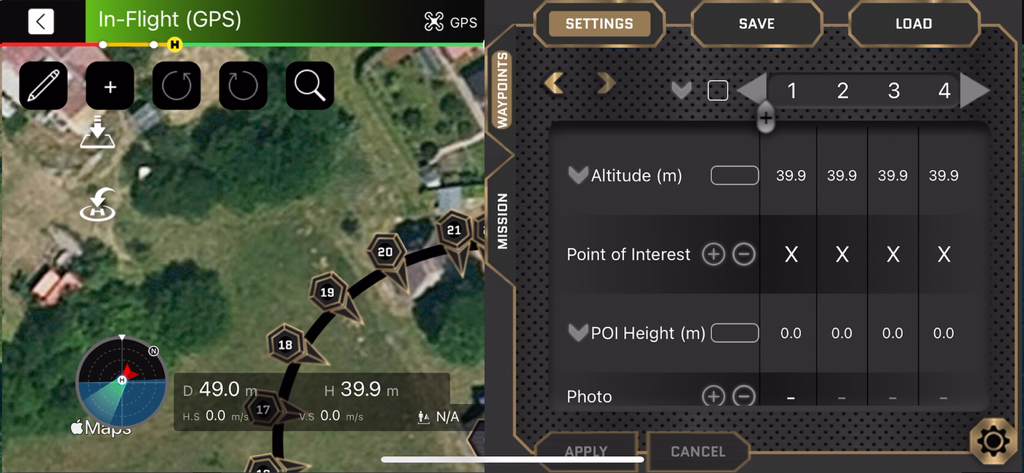 One Click Drone - Interface of One Click Drone app showing a satellite map with a flight path and waypoint settings for autonomous drone missions
