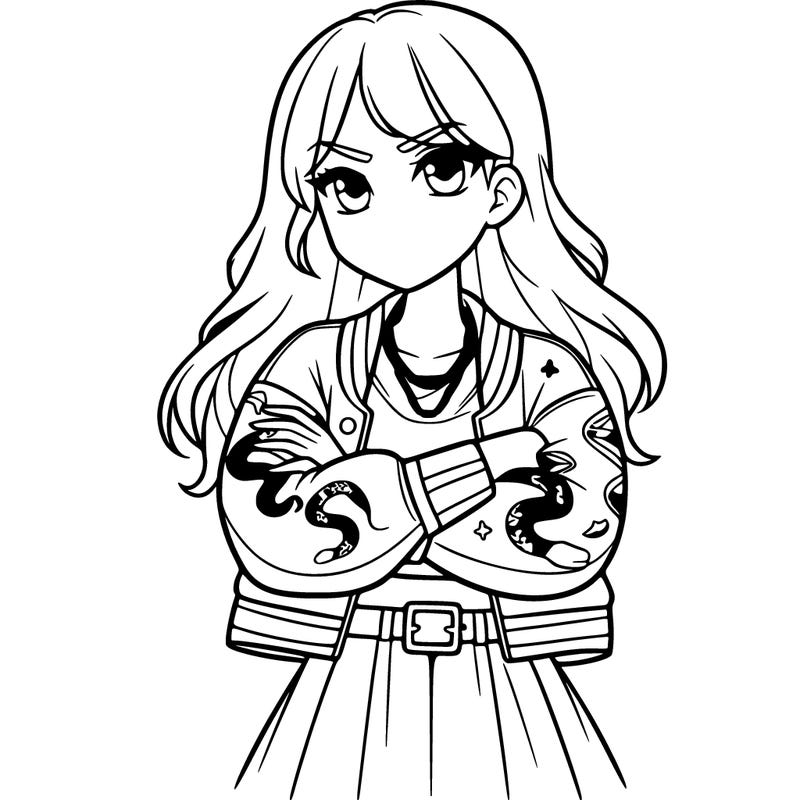 a teen girl with cool cloths with snake designs and crossing her arms