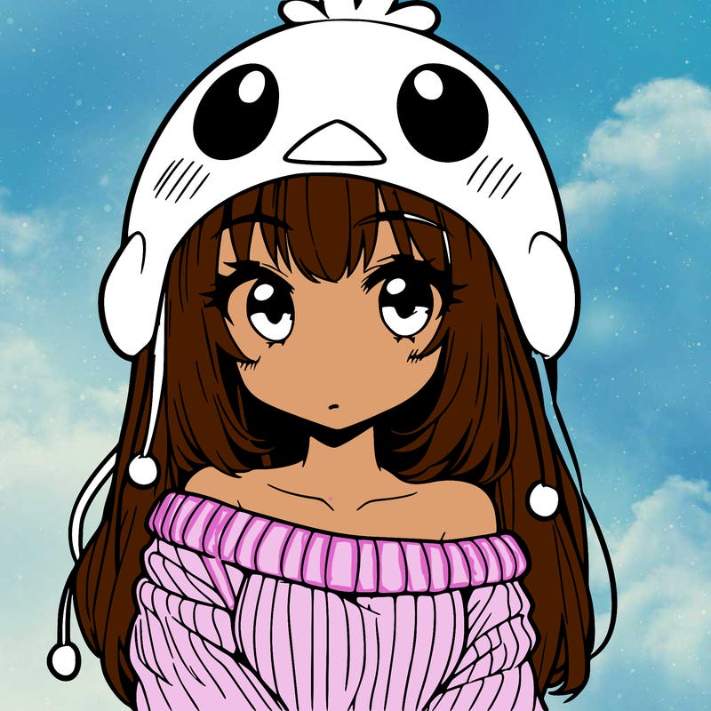 anime girl with chick shaped hat with sweater with bare shoulders with bangs covering them one eye with low tail